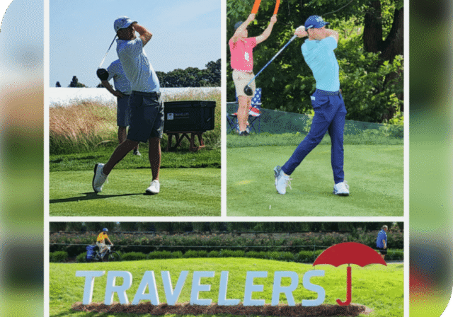 Two golfers mid-swing during a sunny tournament event.